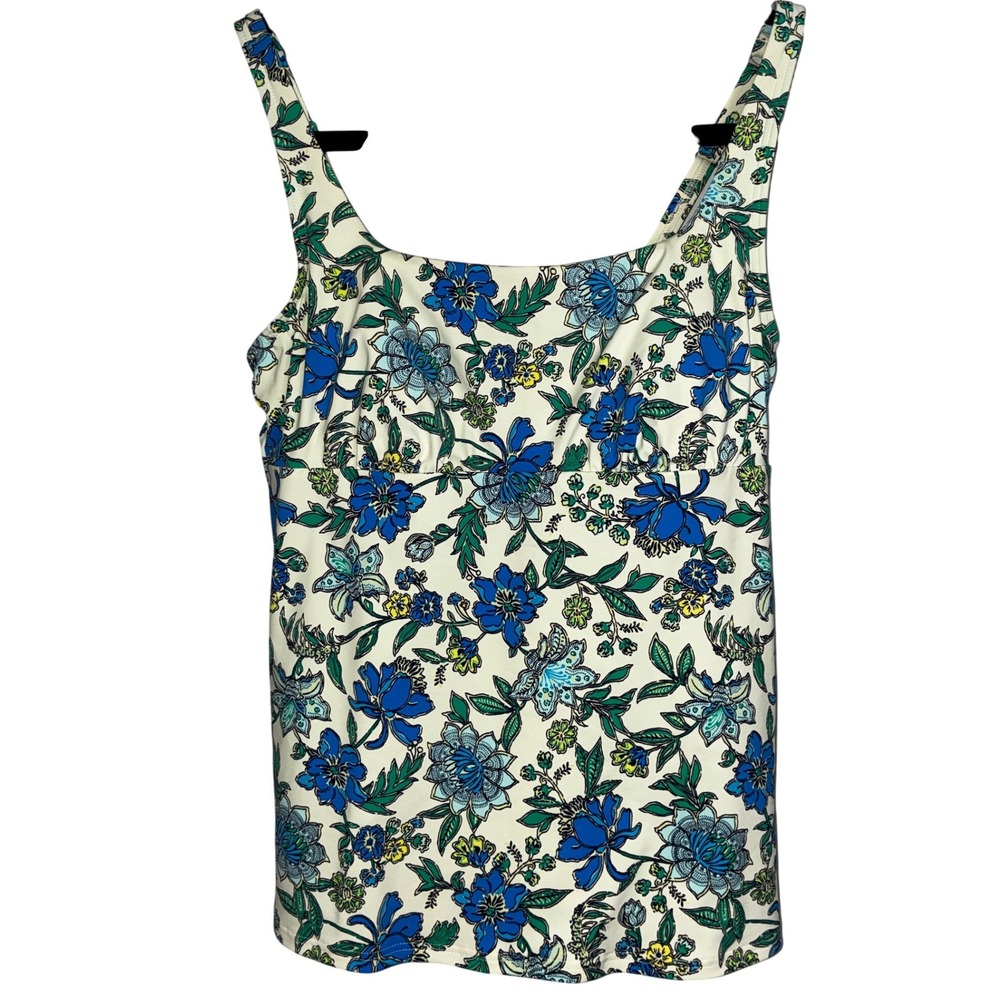 Lands' End Tankini Top Women Size 8 White Blue Floral Lycra Xtra Life Swimwear